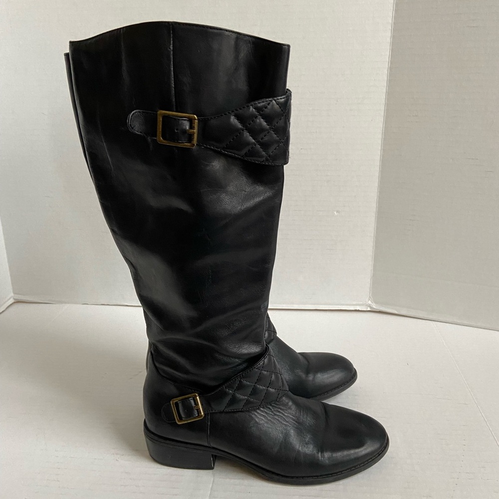 Ralph Lauren Riding Boots Black Leather Knee High Tall Womens 7B Wide Calf Gold